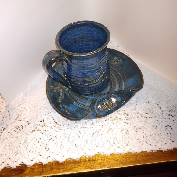 Hand Crafted  Pottery Blue Glazed Cup Plate - Picture 2 of 5